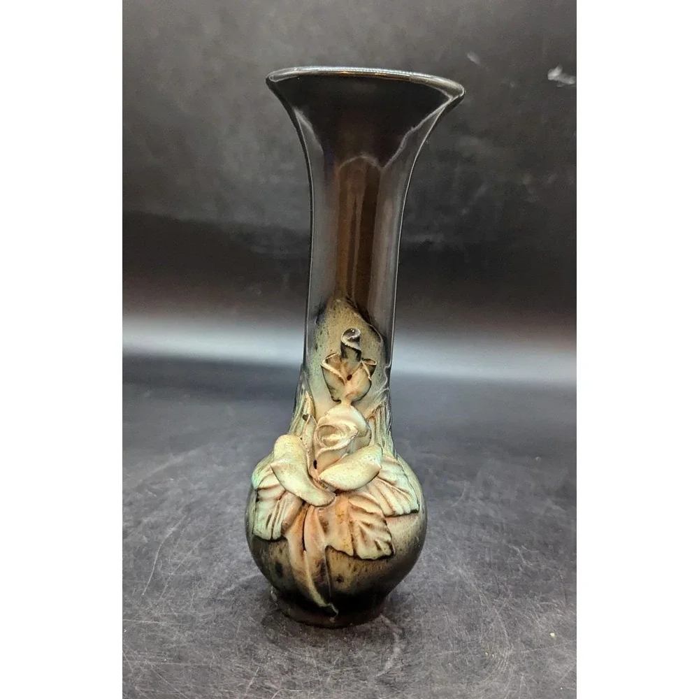 Vintage Lviv Ceramics Applied Flower Green Vase 7.25